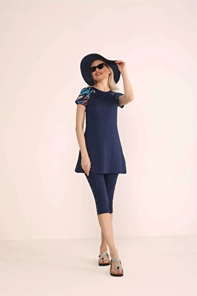 İKSUN Γυναικείο μαγιό Navy Blue - κοντά μανίκια, μισοκαλυμμένα, καλσόν και κο...