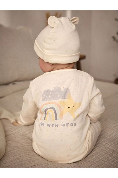 Next Baby Set of 2 I'M New Here Themed Romper and Hat - 100% Organic Cotton Alye19699