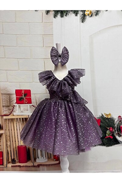 Nissa Mor Fırfırlı Kız Çocuk Elbisesi