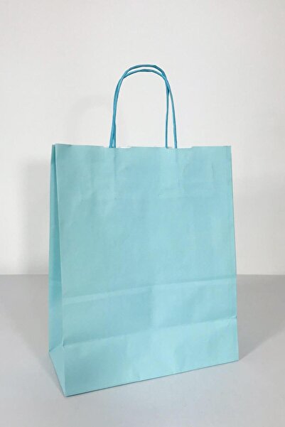 Roll-Up Büküm Saplı Kraft Kağıt Çanta Karton Hediyelik Poşet Torba - Açık Mavi -18x24 Cm. - 25 Adetlik Paket