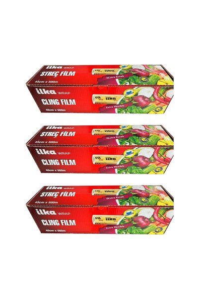 İlka Şeffaf Mutfak Rulo Streç Film Folyo - 45 Cm. x 500 Metre - Gıdaya Uygun - 3 Paket