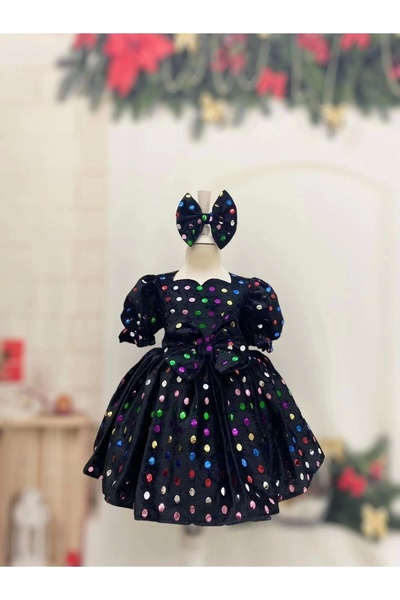 Nissa Siyah payetli Kalp Yaka Kız Çocuk Elbisesi