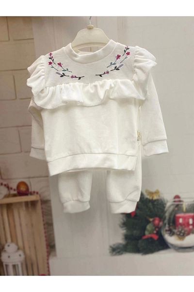 Nissa White Flower Embroidered Velvet Baby Girl Set
