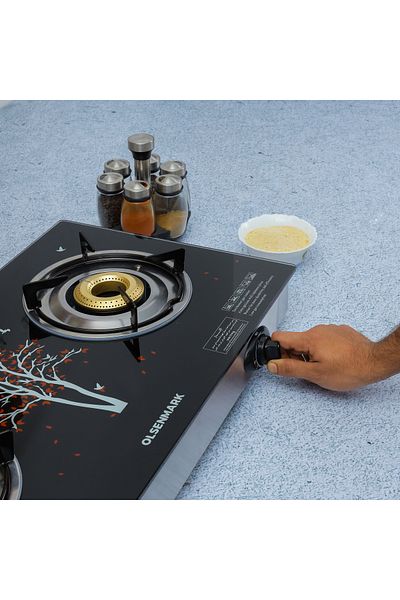 Olsenmark Gas Stove Omk2225 Automatic Ignition System 2 Cast Iron Burner Glass Top Cooker