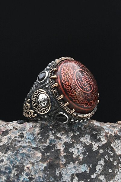 Prestige Özel Tasarım 925 Ayar Gümüş Erkek Yüzüğü Sıkma Kehribar Taşlı Nazar ...