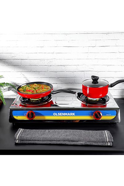 Olsenmark Double Burner Gas Stove Omk2316 Stainless Steel Auto Ignition Cast Iron Golden Burner