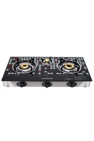 Olsenmark Triple Burner Gas Stove With Auto Ignition Cooker Omk2224 Highly Efficient Tempered Glass Burner