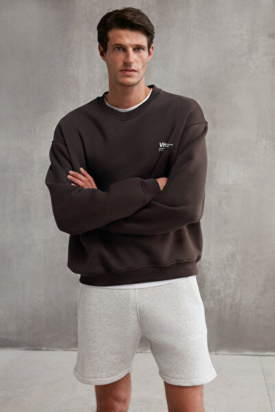 GRIMELANGE Ernest Erkek Organik Pamuklu Yumuşacık Baskı Detaylı Bisiklet Yaka İçi Polarlı Kahverengi Sweatshirt