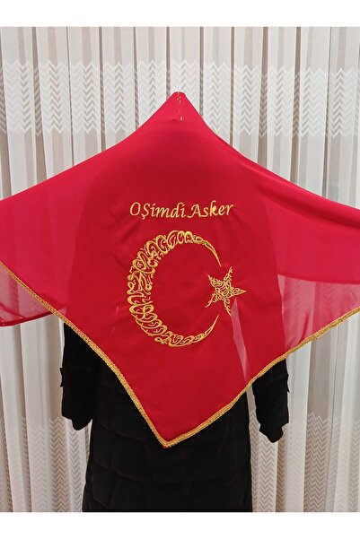GÜRLEK TEKSTİL Kırmızı O Şimdi Asker Şalı Örtüsü, Lüks Şifon Nakışlı  Gold Kı...