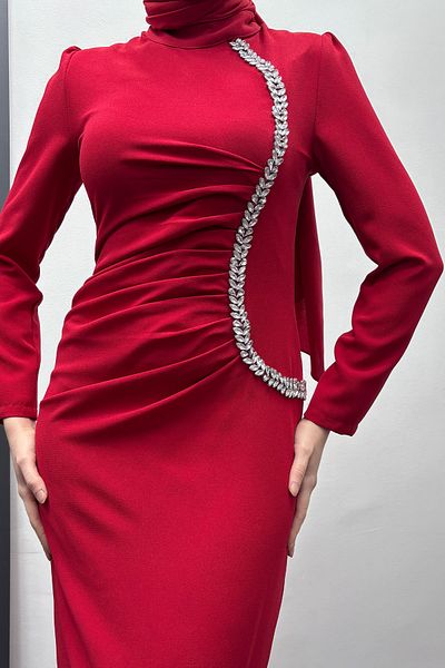Tesettür Diyarı Women's S Stripe Stone Detail Crepe Fabric Hijab Evening Dress