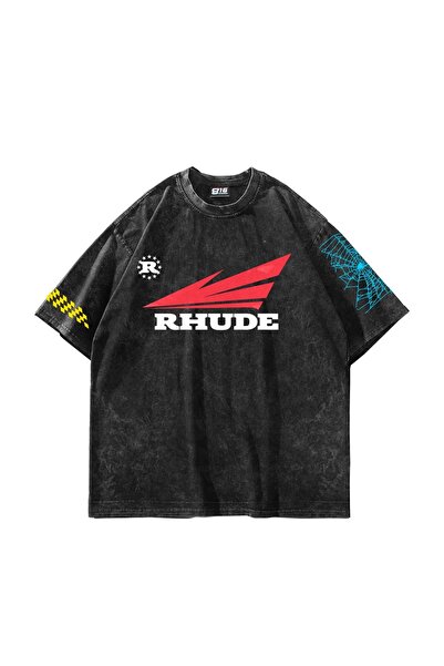 Bak Moda Tricou negru lavabil unisex oversize cu imprimeu Rhude