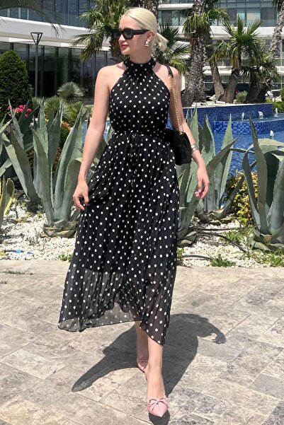 Madmext Siyah Puantiyeli Sıfır Kol Halter Yaka Elbise MG2134