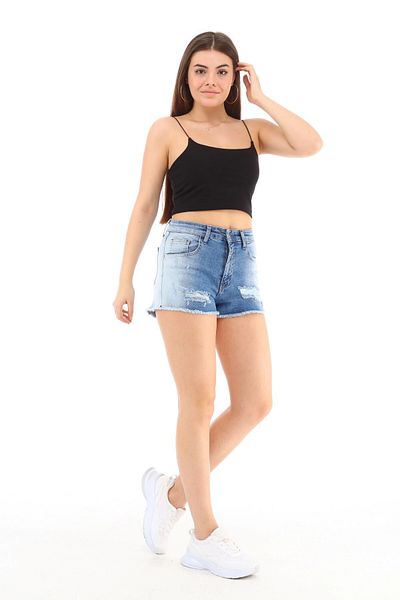 CEDY DENIM جينز عالي الخصر قابل للتمدد بقصة ضيقة - شورت نسائي قصير من قماش الدنيم باللون الأزرق ميامي C603