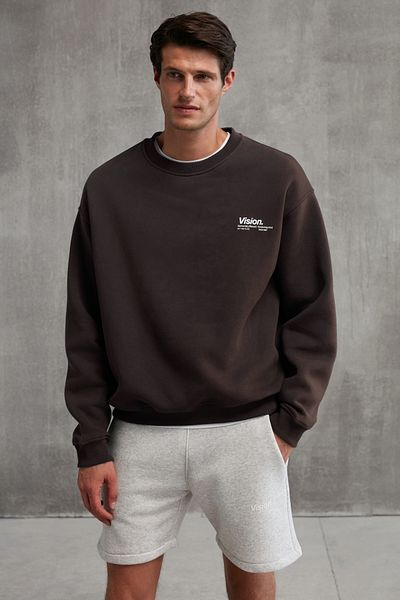 GRIMELANGE Ernest Men's Organic Cotton Soft Print Detailed Crew Neck Brown Sweatshirt with Fleece Inside