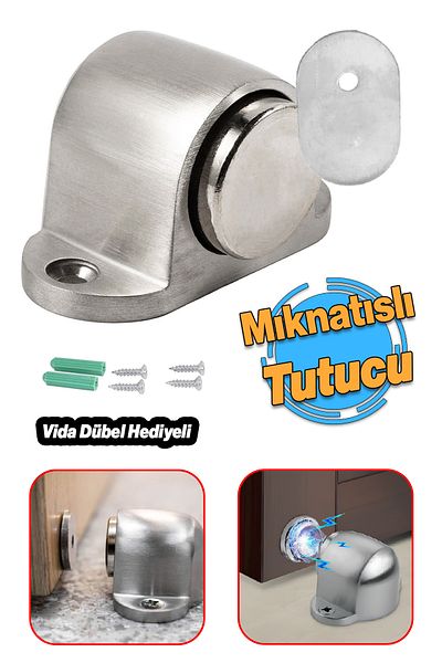 Badem10 Suport de ușă metalic mic cu magnet de culoare cromată 1 buc - Bara de protecție anti-accident și opritor cu șuruburi