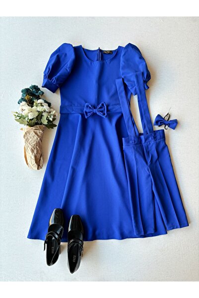 KÜÇÜĞÜM BUTİK Сакс Синій Кавун з рукавами Креп Середньої Довжини Клош Комбінезон для Мами і Хлопчика