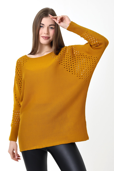 Devinka Women's Mustard Oversize Openwork Loose Knitwear Sweater