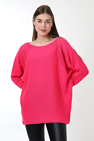 Devinka Kadın Pembe Oversize Ajurlu Salaş Triko Kazak