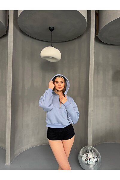 technomonkey Mavi Crop Top Kalın Kumaş Yarım Fermuarlı Kapüşonlu Hırka