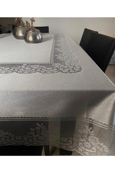 Çt Çeyizci Tekstil Gray Color Patterned Laceless and Stain-Proof Lace Tablecloth