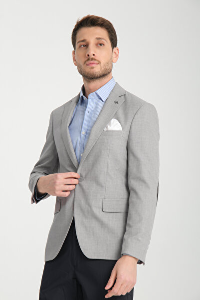 Frappoli Drs Pieros Erkek Gri Pamuk Karışımlı Slim Fit Dar Kesim Dirseği Süetli Dört Mevsim Blazer Ceket