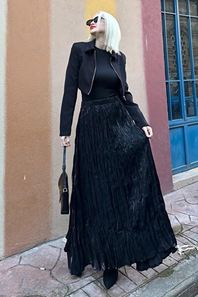 Madmext Parlak Siyah Kırışık Desen Kadın Etek MG2290