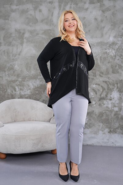 Siyezen Large Size Oversize Cardigan with Eyelet Detail