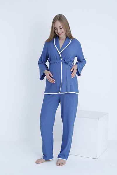 Miss Dünya Lissa Maternity and Maternity Adjustable Waist Ribbed Belted Woven Pajamas Set