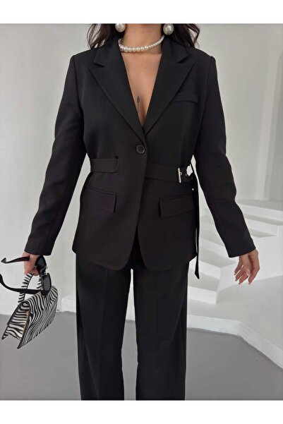 MYGİYİMİSTANBUL Kemer Detay Blazer Ceket Bol Pantalon Takım-Kadın Takım Elbise