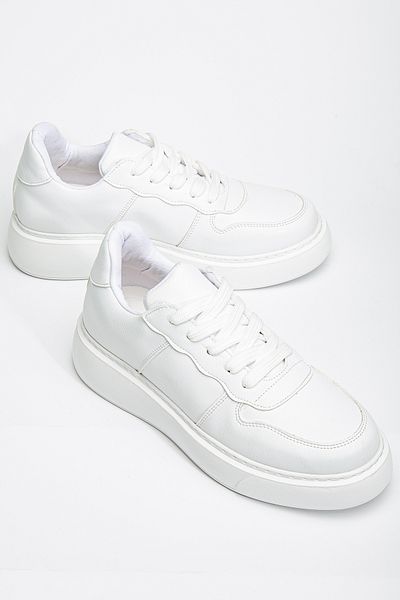 DENORA Pantofi sport casual cu șireturi, piele albă mată, talpă groasă