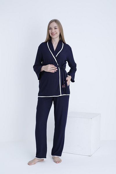Miss Dünya Lissa Maternity and Maternity Adjustable Waist Ribbed Belted Woven Pajamas Set