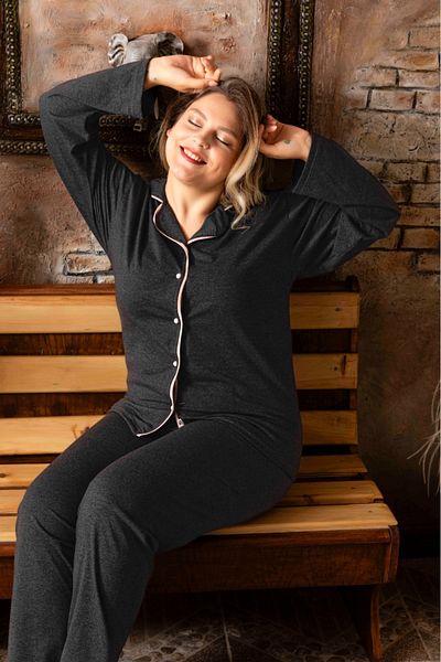 CALİA Women's Oversize Buttoned Front Large Size Long Sleeve Shirt Pajama Set