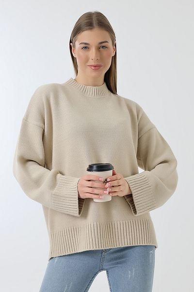 Devinka Pulover de damă, bej, cu decolteu, tricotaj supradimensionat