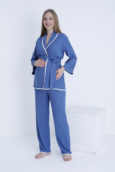 Miss Dünya Lissa Maternity and Maternity Adjustable Waist Ribbed Belted Woven Pajamas Set