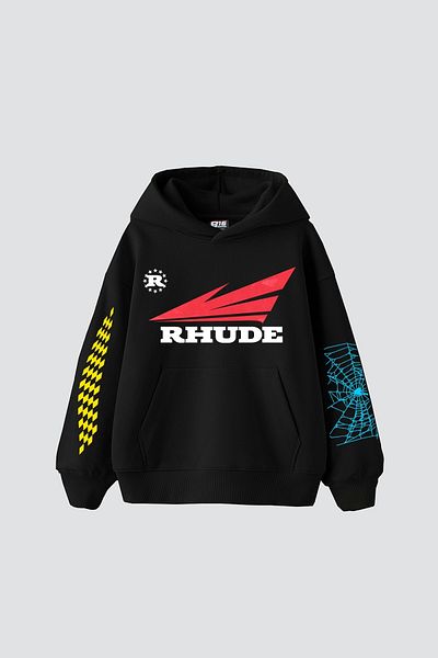 Bak Moda Rhude Printed Oversize Unisex Μαύρο Hoodie