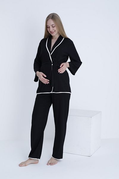 Miss Dünya Lissa Maternity and Maternity Adjustable Waist Ribbed Belted Woven Pajamas Set