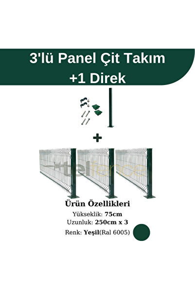 Telfence 3 'lü Panel Çit Takım 1 Direk Avantaj Paketi 75cm Yeşil Renk (7,5 ME...