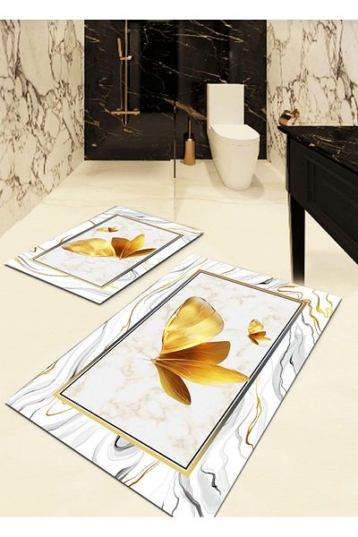 Ardizayn Golden Butterfly - Αντιολισθητική, βαμβακερή υφαντή βάση (60x100 - 50x60cm) Μοκέτα μπάνιου 2 τεμαχίων