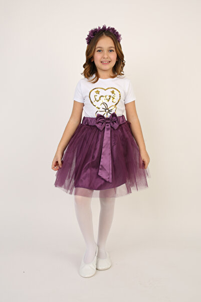 FATELLA Tricou Love Heart pentru fete, set fustă tutu liliac, ținută de spect...