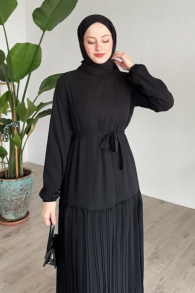InStyle Chiffon Black Dress with Pleated Skirt