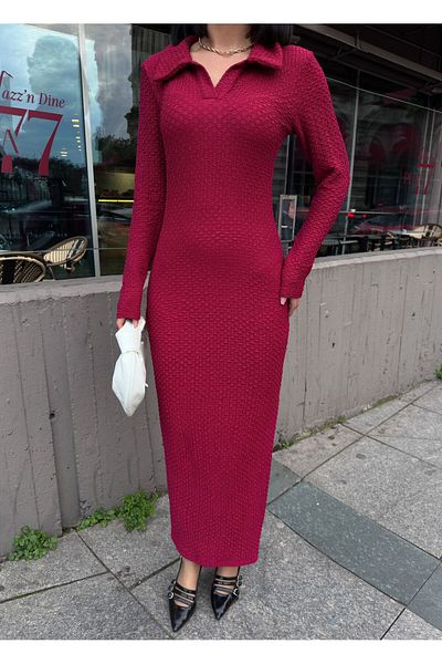 aytenli Rochie lungă maxi din țesătură Seersucker, cu mânecă lungă, cu guler de cămașă polo