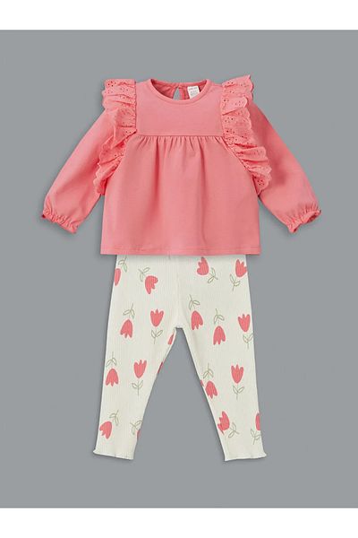 LC Waikiki Lcw Baby - Pink Floral Print Baby Girl Blouse and Leggings Set of 2