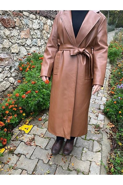 hot fashions Women's Brown Color Wide Fit Belted Midi Length Slit Thin Stylish Faux Leather Trench Coat