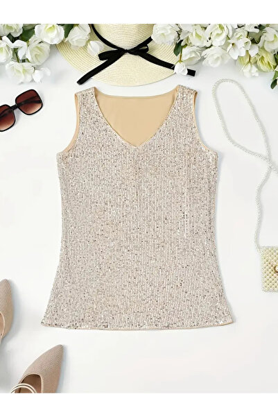AYSİ COLLECTİON Pul Payetli V Yaka Askılı Üst, Parti ve Tatil İçin Şık Kolsuz Üst Bej