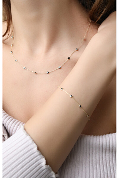 Kuyumcum 14 Ayar Altın Mini Siyah Taşlı Kalp Set