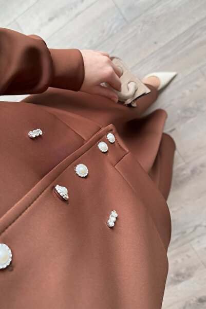 InStyle Brązowy garnitur ze spódnicą typu stoned scuba