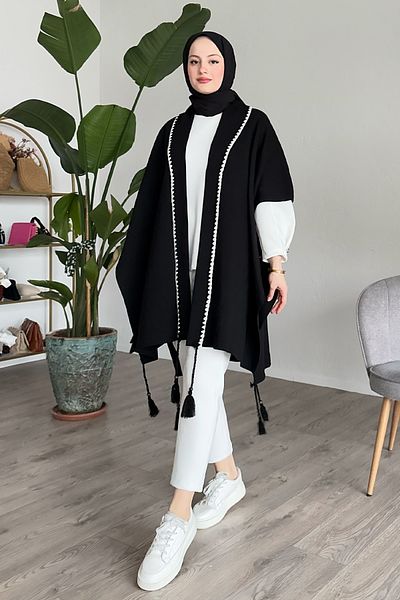 InStyle Πλεκτό Poncho Shepherd's Stitched Tasseled Black