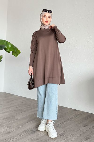InStyle Pearl Detail Milk Brown Knitwear Sweater