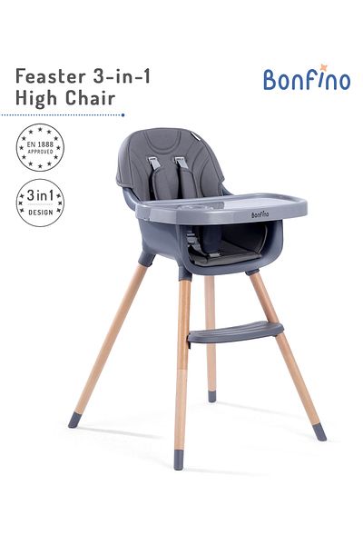 Bonfino Feaster 3-in-1 High Chair with 5-Point Safety Harness, Removable Tray, Dark Grey