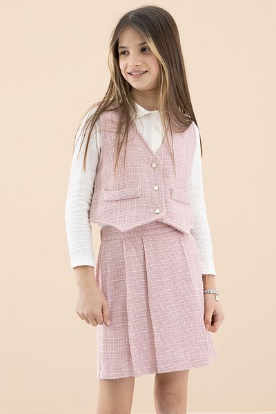 Cansın Mini Pink Glittered Girl's Shirt and Vest Skirt Set - 20234